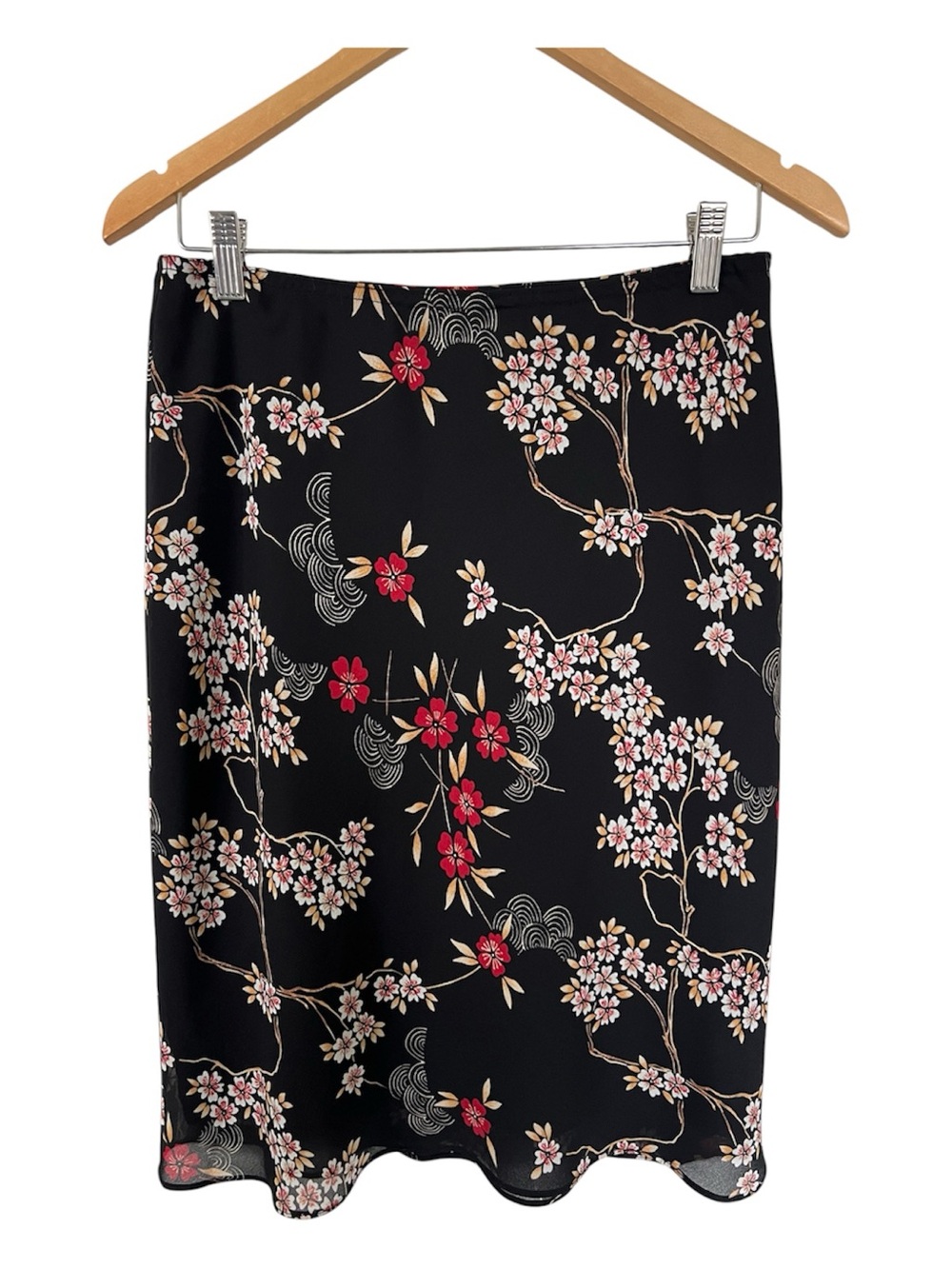 Vintage Y2K Chapter Black Midi Skirt with Pink & Red Floral Print
